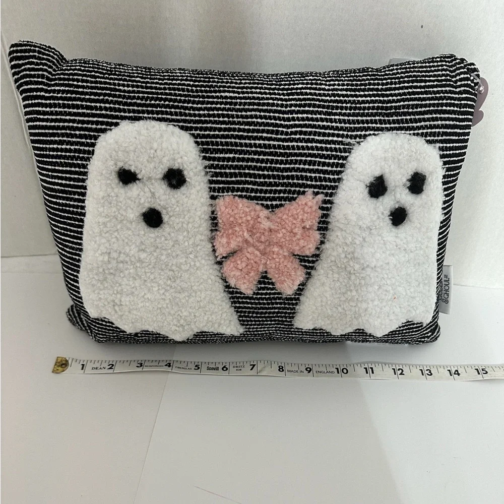 NWT Goblin & Ghoul Ghost Bow Black White Striped Decorative Throw Pillow Kitchy